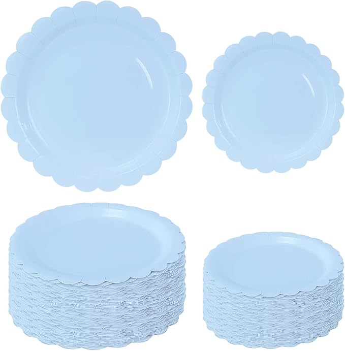 50 Pcs Light Blue Scalloped Paper Plates 25 × 7'' and 25 × 9'' Disposable Baby by FALIZIFU