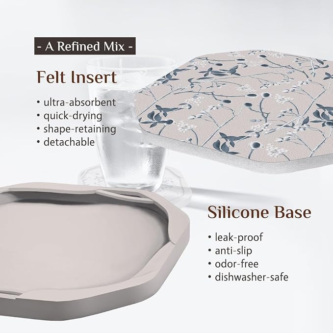 UMIRRO Absorbent Felt & Silicone Drink Coasters Set of 4, Botanical Floral | - Image 3