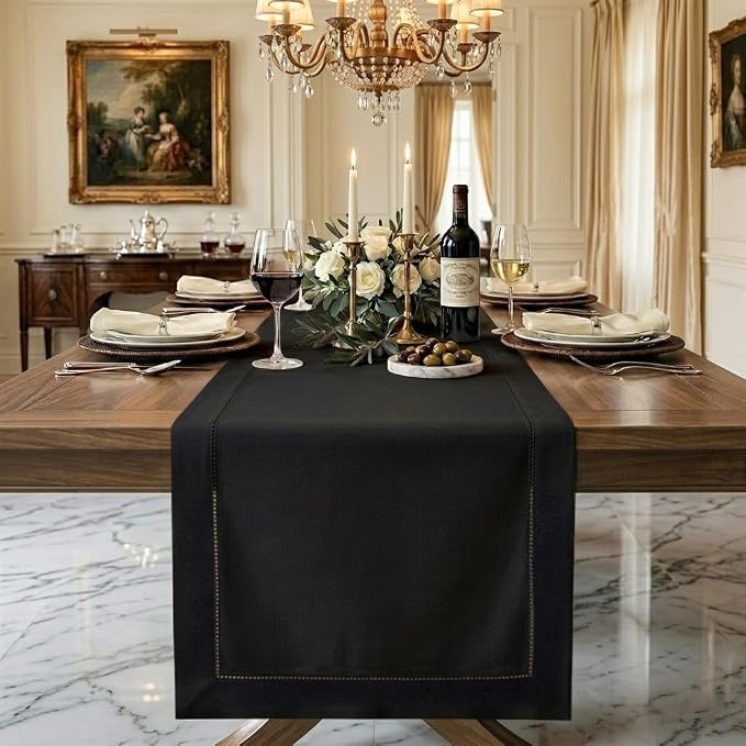 Signature Linen™ by D'Moksha Black Table Runner 108 Inches Long, 100% Pure Linen by DMokshaHomes