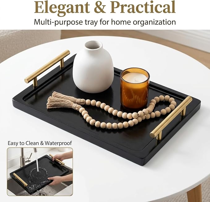 PEKER Wooden Serving Tray with Metal Handles, Ottoman & Home Décor, Wooden Food - Image 6