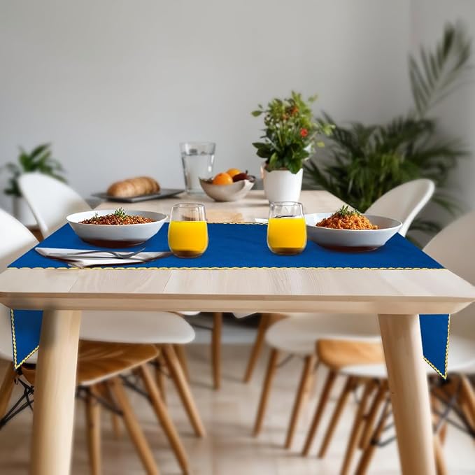 Folkulture Fall Table Runner 72 Inches Long | Blue & Yellow Rick Rack | Table - Image 2