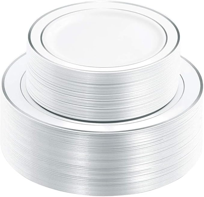 120PCS Plastic Plates White Silver Rim by WDF