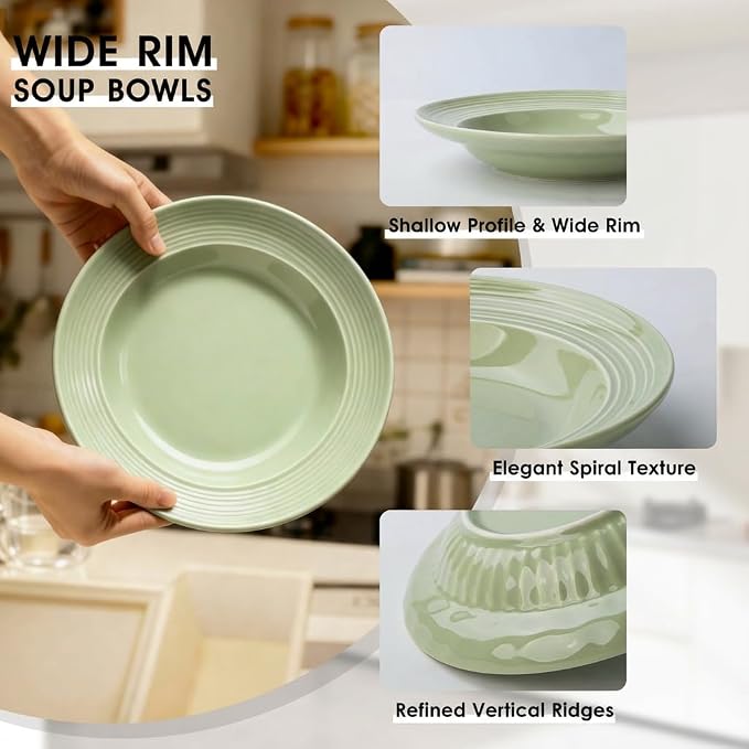 Wide Rim Soup Bowls Set of 4, 11 oz, 8 Inch Green | Shallow wide rim bowls - Image 3