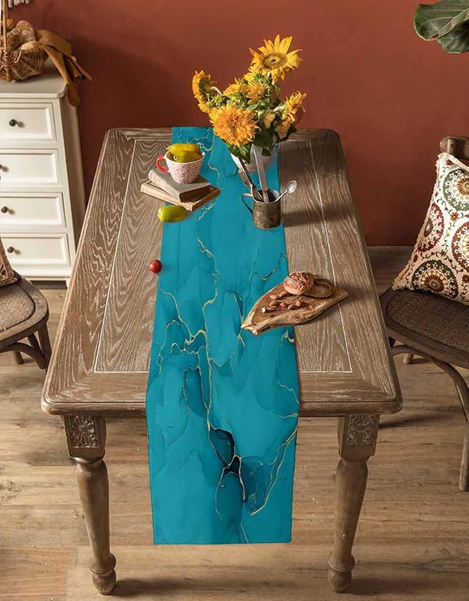 Teal Marble Table Runners 72 Inches Long, Turquoise Marble Crack Table Runner - Image 4