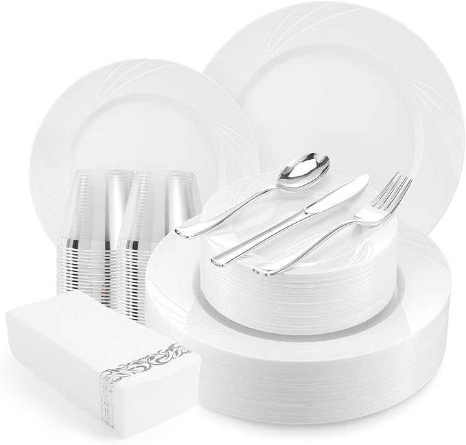 350-Piece White Swirls Plastic Dinnerware Set by VajilaPhil
