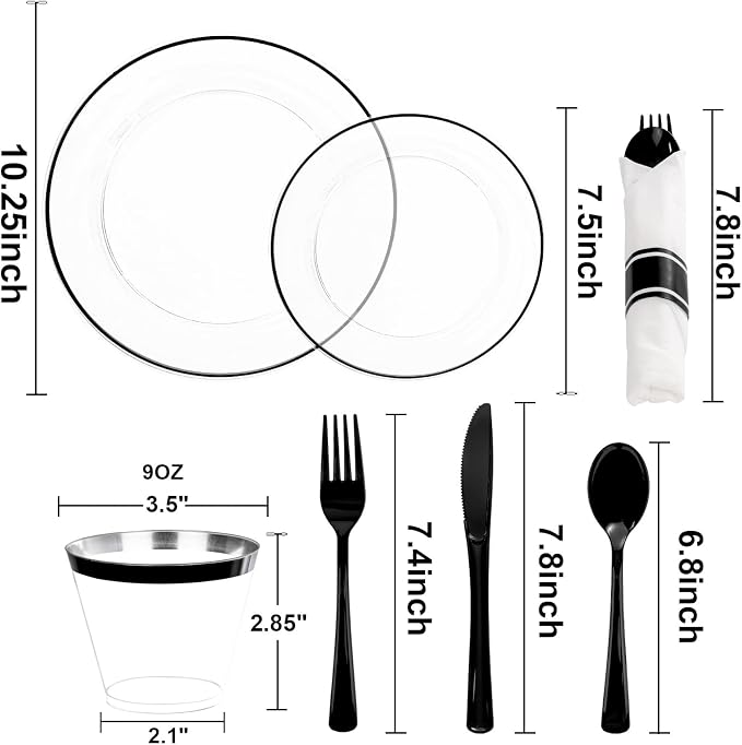 SUT 350 Pcs Black and Clear Plastic Dinnerware Set - Image 2