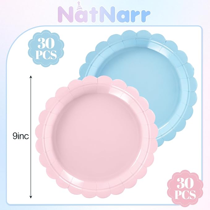 NatNarr 30 Pcs Gender Reveal Plates, 9 Inch Pink Blue Paper Plates | Scalloped - Image 2