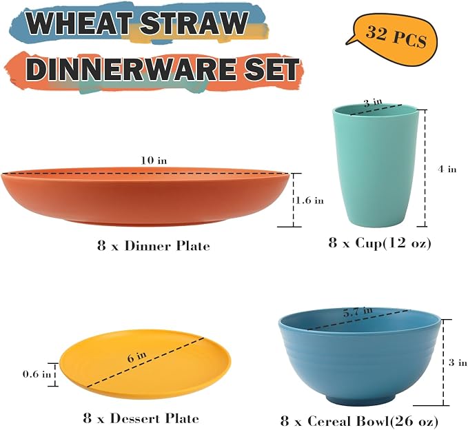 Wheat Straw Dinnerware Sets, Plates and Bowls Sets Unbreakable & Microwave Safe - Image 2