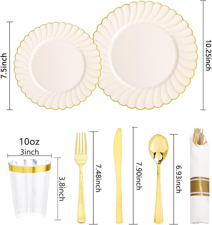 YOUBET 350PCS Ivory Scalloped Plastic Plates - Image 2
