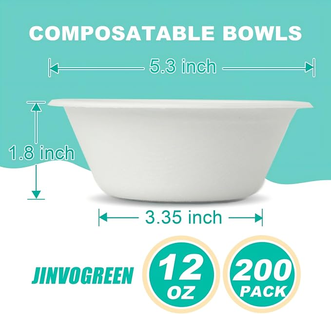 JINVOGREEN 200 Count 12 oz Paper Bowls, Disposable Compostable Bowls Bulk - Image 2