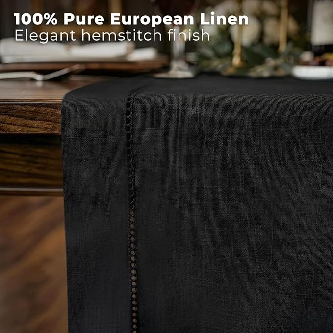 Signature Linen™ by D'Moksha Black Table Runner 108 Inches Long, 100% Pure Linen - Image 2