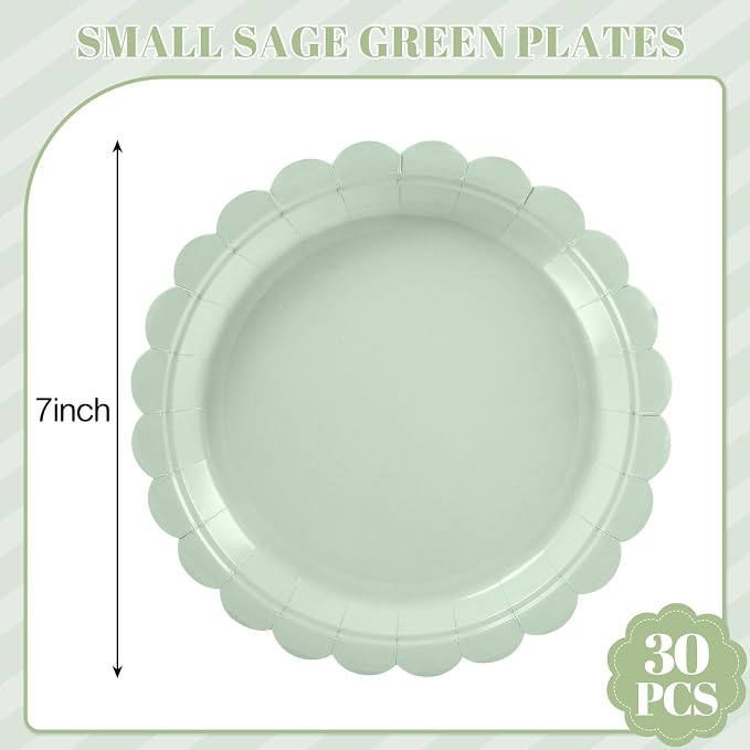 NatNarr 30 Pk Appetizer Cake Cockatil Plates 7" Scalloped Sage Green Plates | - Image 2