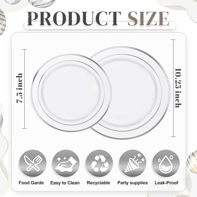 120PCS Plastic Plates White Silver Rim - Image 3