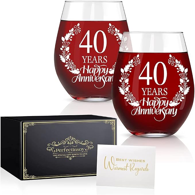 Perfectinsoy 40 Years Happy Anniversary Wine Glass Set of 2, 40th Anniversary by Perfectinsoy