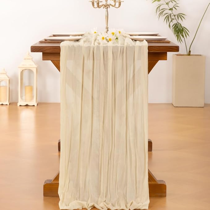 Cheesecloth Table Runner Summer Boho Wedding Birthday Party Home Decor | Beige - Image 3