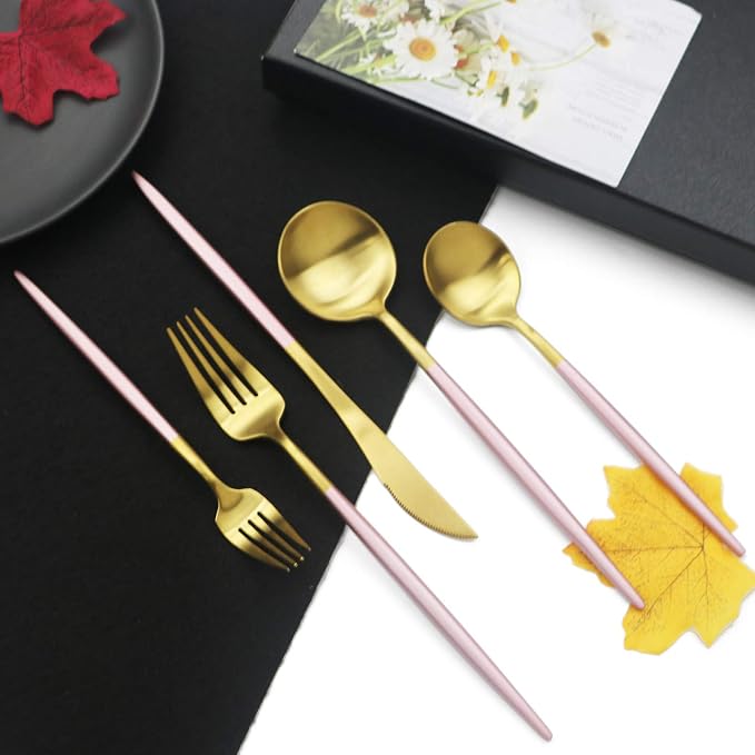 JASHII Luxury 18/10 Pink Handle Flatware Gold Silverware Set 304 Stainless - Image 4