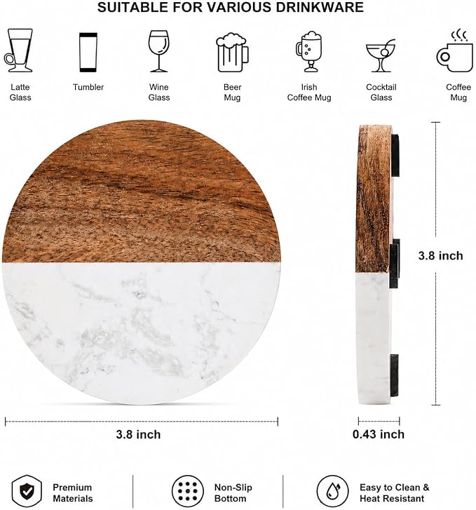 6 Packs Marble Wood Coasters, Round Coaster, Handcrafted Artificial Marble - Image 2