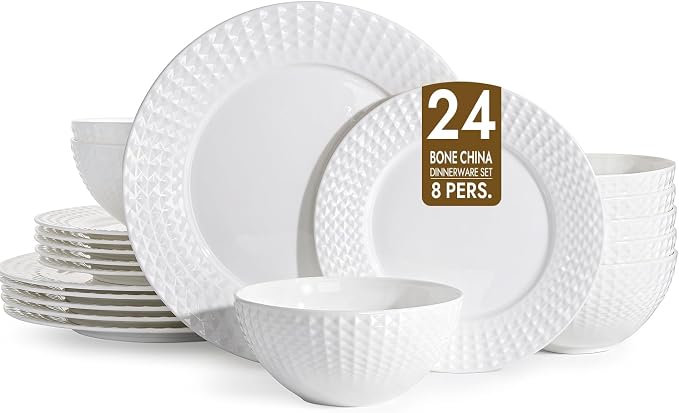 24Pc Rhombus Edge White Bone China Set, Service by KINGSTONE