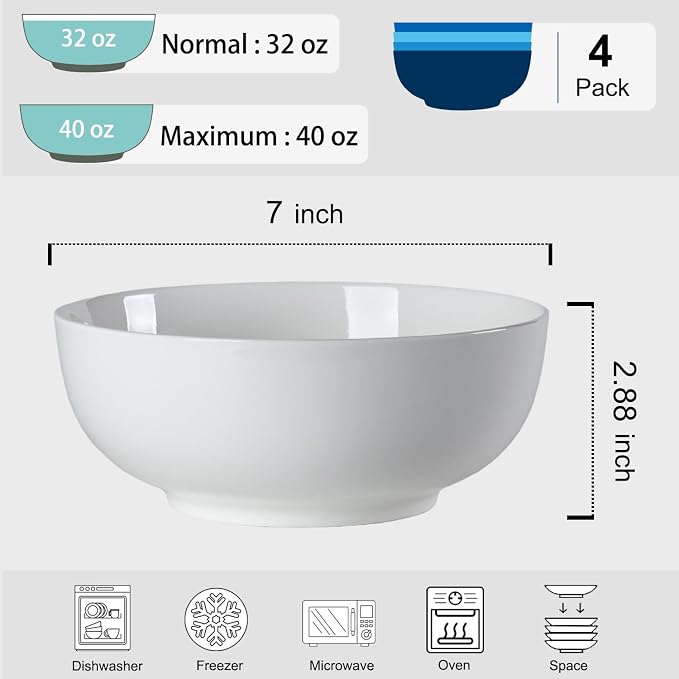 40 oz Large Soup Bowl, Pho Bowls, 7-Inch Off-White Porcelain Bowls Set of 4 - Image 2