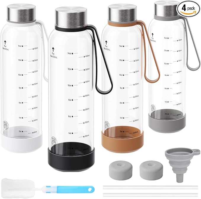 Sursip 18 oz Glass Water Bottles, 4 Pack | BPA-Free Reusable, Measurement by Sursip%C2%AE