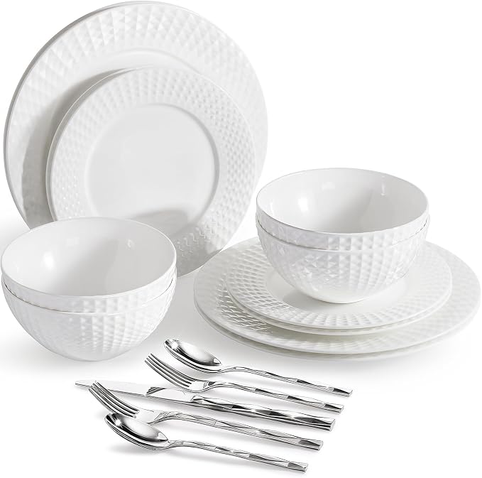 32Pc Bone China Dinnerware & Silverware Set, by KINGSTONE