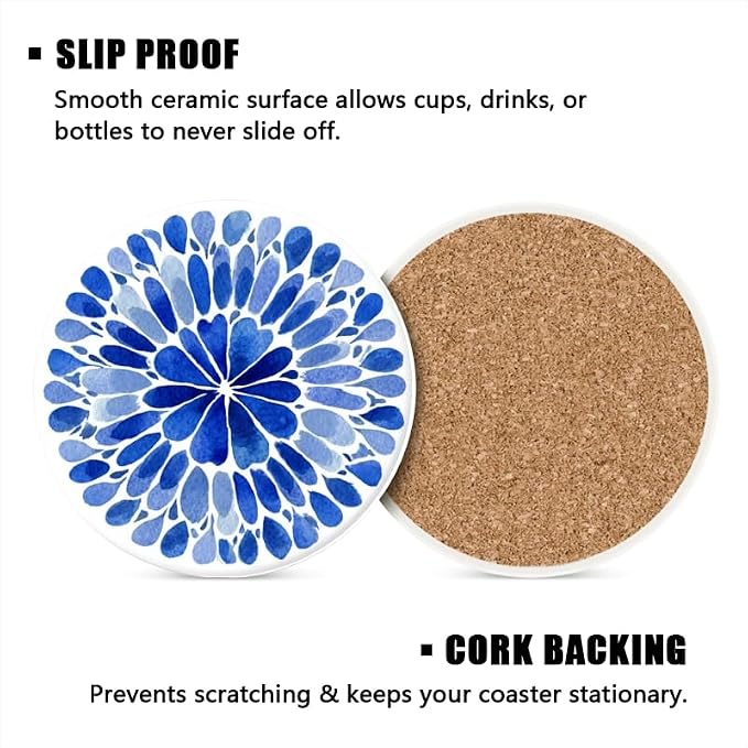 Funny Coasters Set of 6 Round Ceramic Blue Watercolor Textured Coasters - Image 4