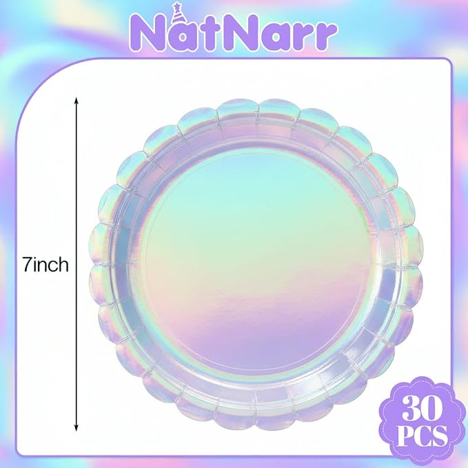 NatNarr 30 Pack Iridescent Plates, Unicorn Birthday, Oil-and Water-Resistant - Image 2