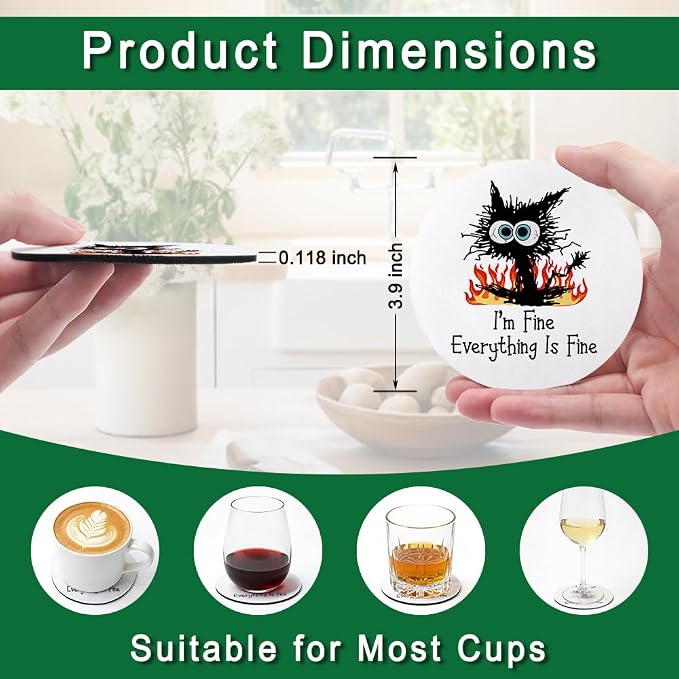 It's Fine I'm Fine Drink Cup Holder Coaster Set of 2, Funny Black Cat Coffee - Image 2