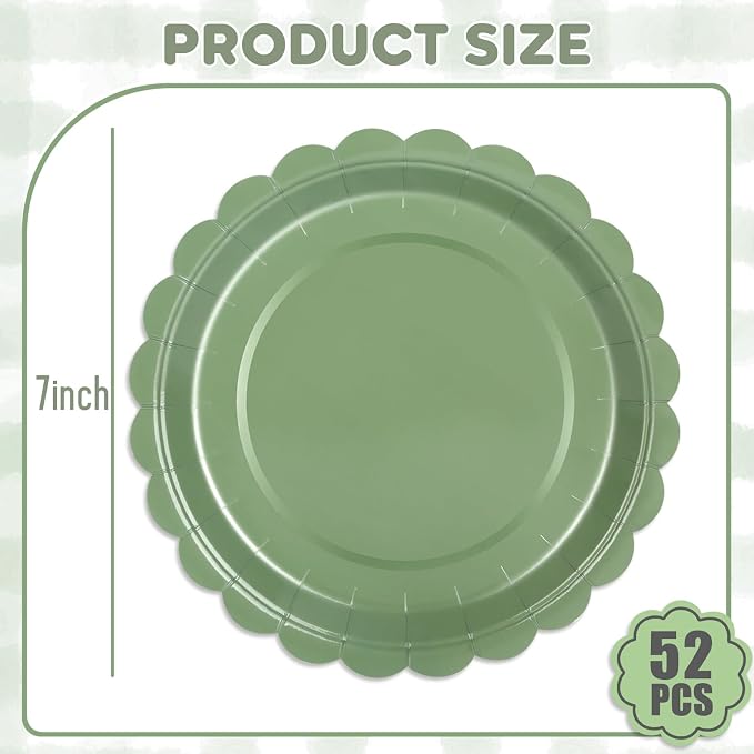 52 Pcs Sage Green Paper Plates 7 Inch Scalloped Dessert Plates - Image 2