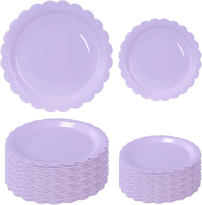 50 Pcs Light Purple Scalloped Paper Plates 25 × 7'' and 25 × 9'' Disposable by FALIZIFU