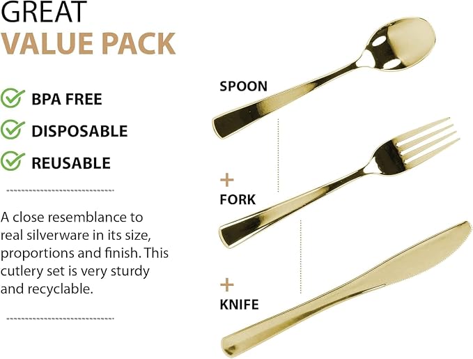 960 Piece Gold Plastic Silverware, Extra Heavyweight Disposable Cutlery Set - Image 3