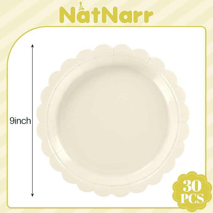 NatNarr 30 Pk Ivory Paper Plates 9" Disposable Scalloped Cream Beige Plates | - Image 2