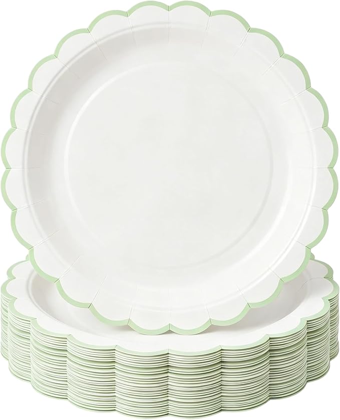 30 Pack Sage Green and White Paper Plates 7 Inch, Disposable Scalloped Plates by Unknown
