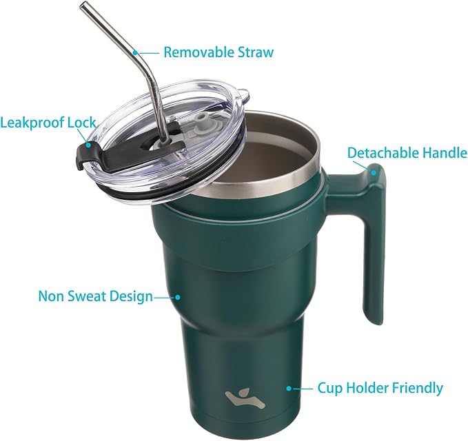 Konokyo 30 oz Tumbler with Handle and Straw, Insulated Travel Mug | Army Green; - Image 2