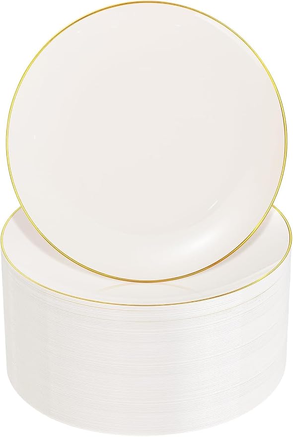 Nervure 100Pcs Ivory and Gold Plastic Plates, 7.5″Disposable Dessert Plates | by Nervure