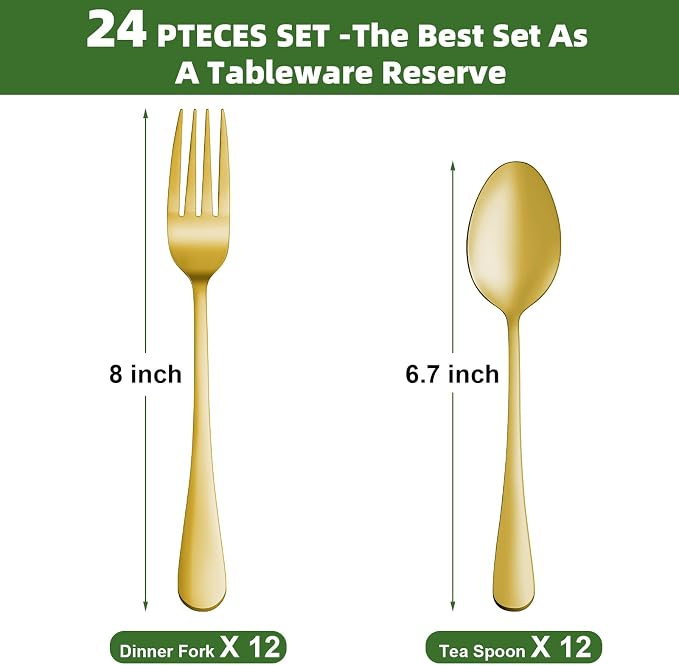 24 Pcs Gold Forks and Spoons Silverware Set, Food Grade Stainless Steel - Image 2