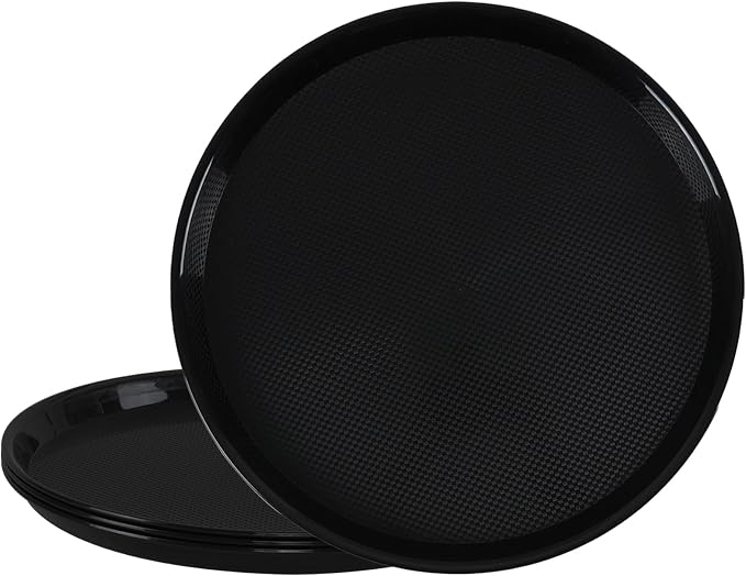 4 Pack 13.58 Inch Round Non-Slip Tray, Restaurant Serving Tray | Black by Parlynies