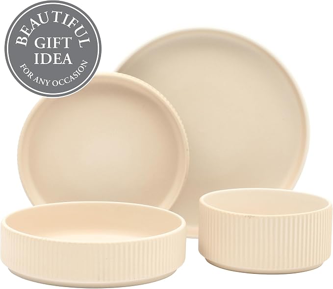 Gibson Elite Deerfield 16-Piece Stoneware Dinnerware Set – Cream White Reactive - Image 4