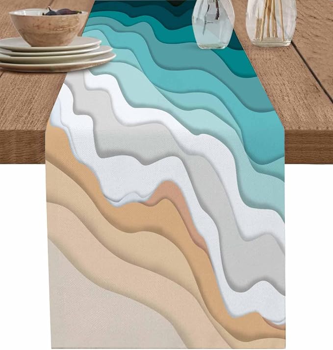 Turquoise Geometric Beach Table Runners 120 Inches Long, Cotton Linen Fabric by Edwiinsa