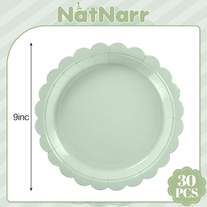 NatNarr 30 Pk Sage Green Paper Plates 9" Scalloped Sage Baby Shower Plates | - Image 2