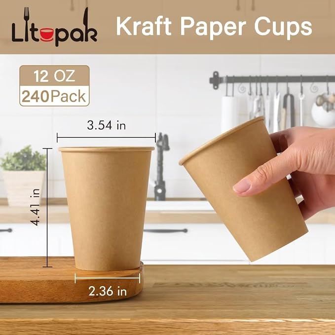 LITOPAK 240 Pack Disposable Coffee Cups, 12 oz Kraft Paper Cups | Large bulk - Image 2