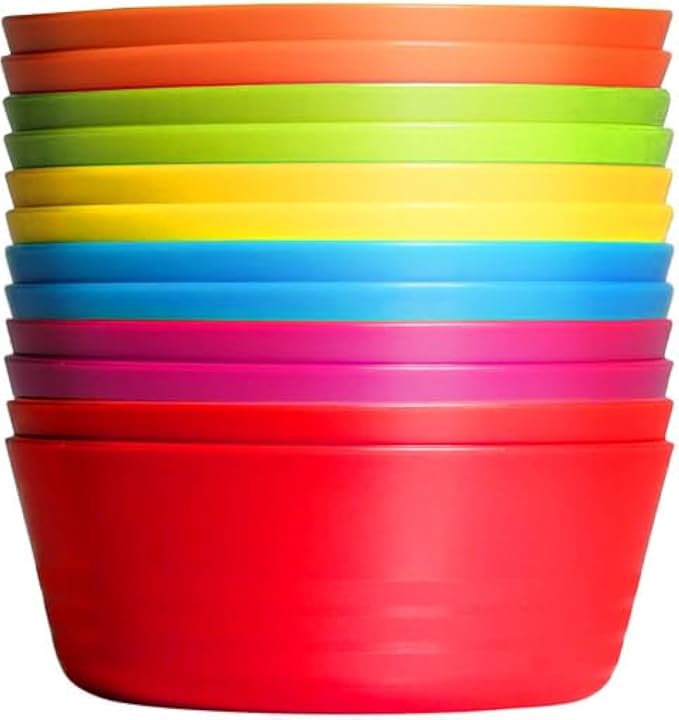 PLASKIDY Kids Plastic Bowls Set of 12, 10 Ounce Microwave Dishwasher Safe BPA by PLASKIDY