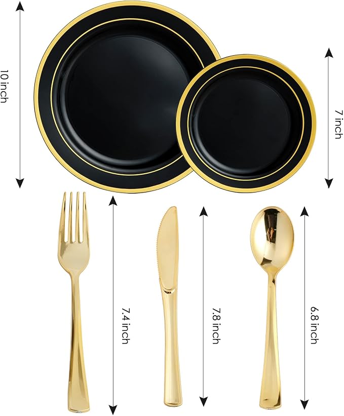 25 Guests Plastic Plates Set Gold Disposable Dinnerware Set | Include 25 Pc 10" - Image 2