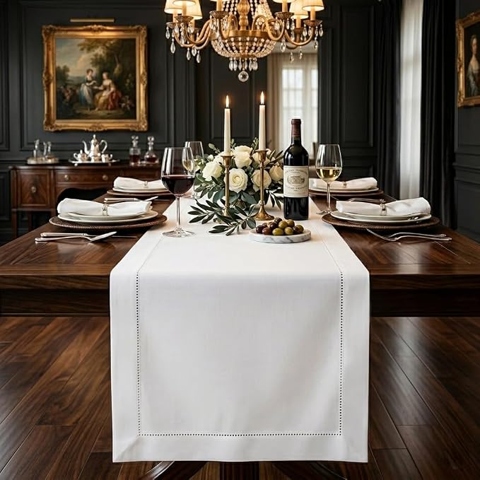 Signature Linen™ by D'Moksha White Table Runner 108 Inches Long, 100% Pure Linen by DMokshaHomes