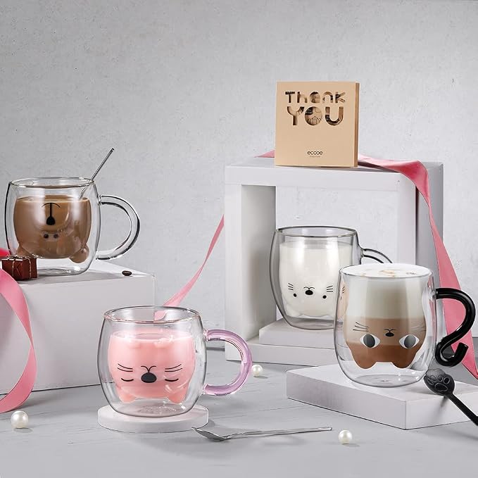 ecooe Cute Bear Mug Glass Coffee Cup 9.4oz Double Walled Glass Latte Mug | - Image 6