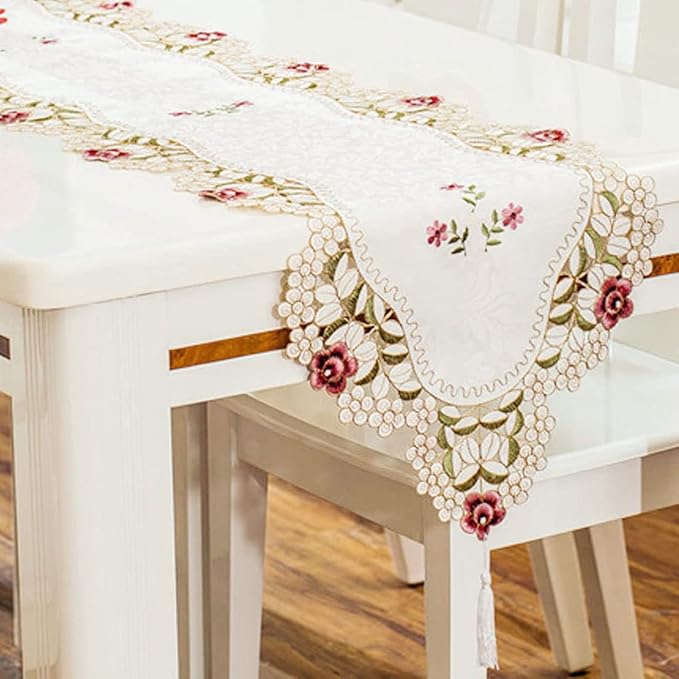 LeLehome 15" X 86" Classic Table Runner, Flowers Embroidery Lace Beige Floral - Image 7