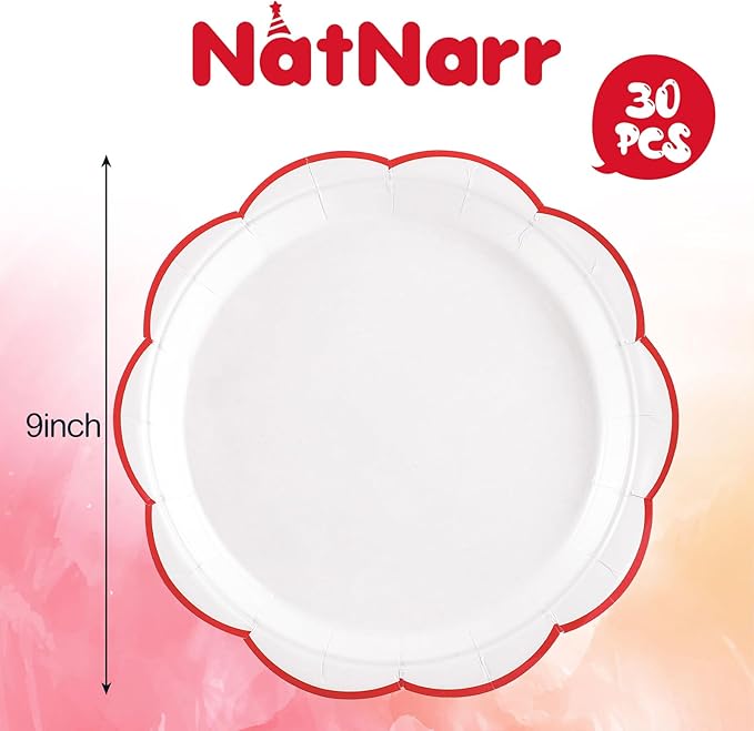 NatNarr 30 Pcs Red and White Paper Plates 9 Inch White Plates - Image 2