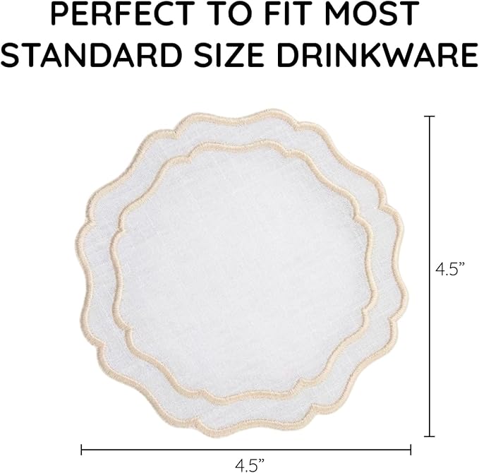 Linen Drink Coasters, 4.5 inch, Scalloped Edge, Reusable Handmade Coffee - Image 3