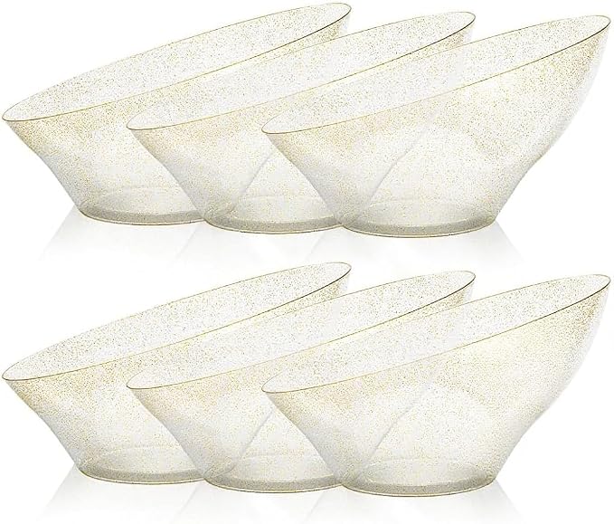 BESTVIP 54 Oz Clear with Gold Glitter Plastic Angled Serving Bowls, 12 Pack | by Bestvip