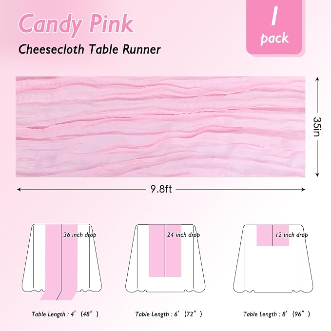 8 Pack Candy Pink Cheesecloth Table Runner 120 Inch Boho Wedding Decor | - Image 2